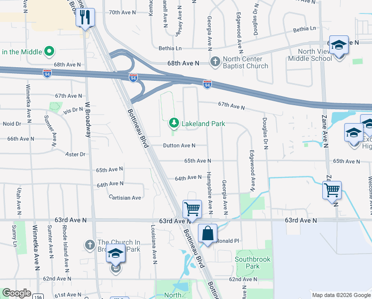 map of restaurants, bars, coffee shops, grocery stores, and more near 6809 Dutton Avenue North in Minneapolis