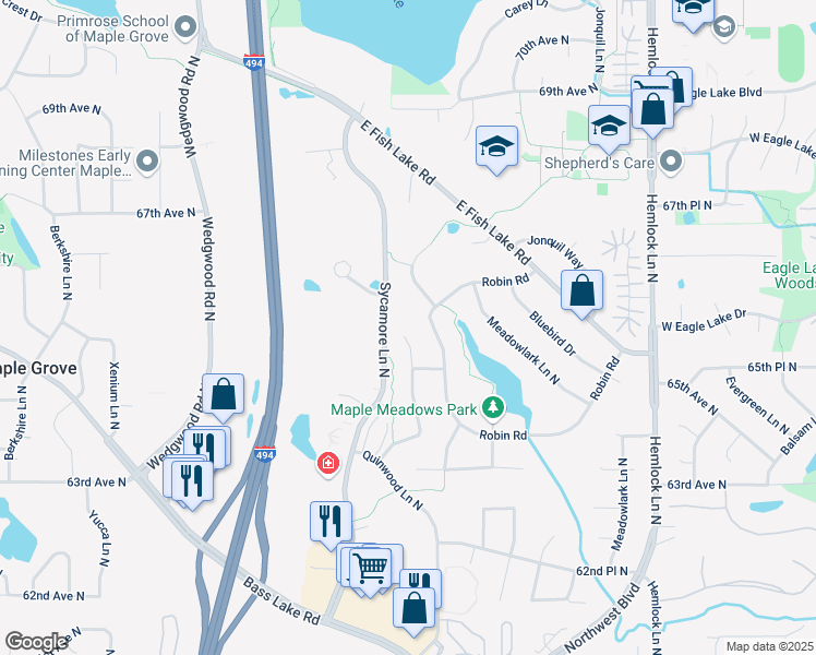 map of restaurants, bars, coffee shops, grocery stores, and more near 6540 Pineview Lane North in Maple Grove