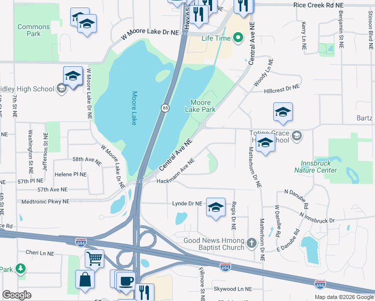 map of restaurants, bars, coffee shops, grocery stores, and more near 5843 Central Avenue Northeast in Fridley