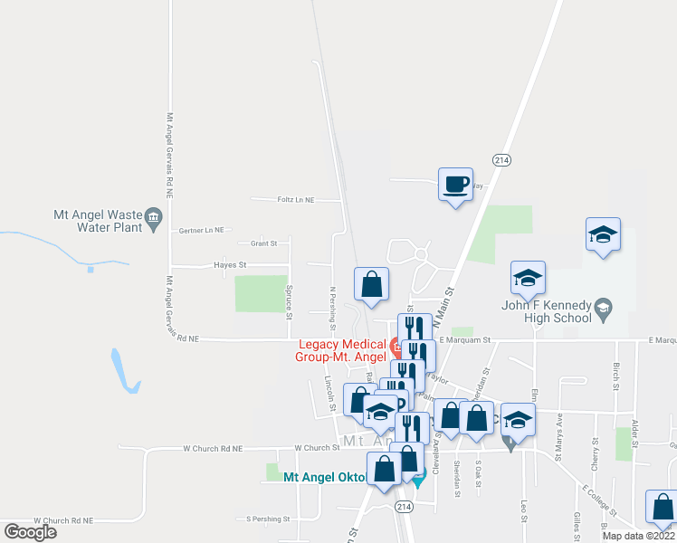 map of restaurants, bars, coffee shops, grocery stores, and more near 835 North Pershing Street in Mount Angel