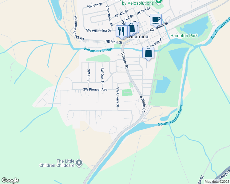 map of restaurants, bars, coffee shops, grocery stores, and more near 435 Southwest Pioneer Drive in Willamina