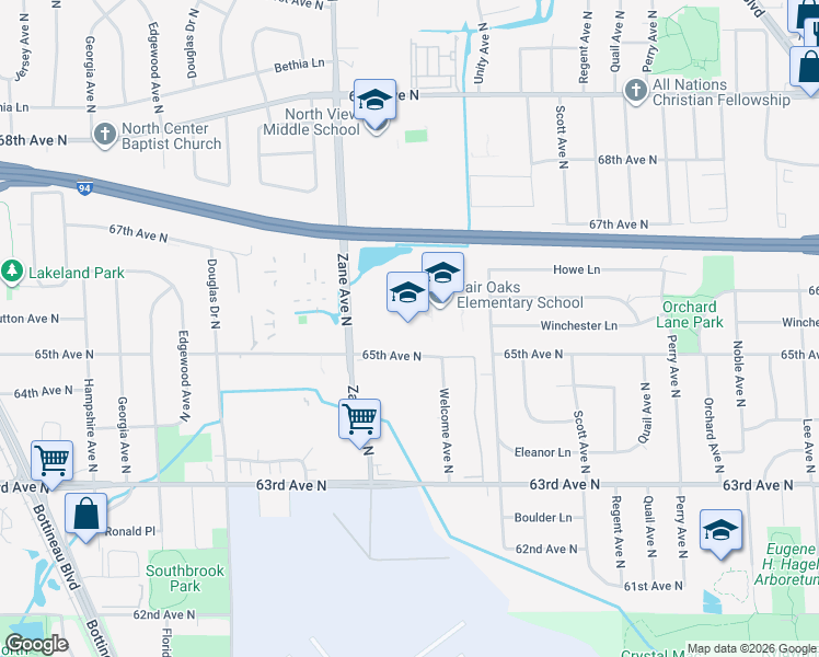 map of restaurants, bars, coffee shops, grocery stores, and more near 6510 Zane Avenue North in Minneapolis