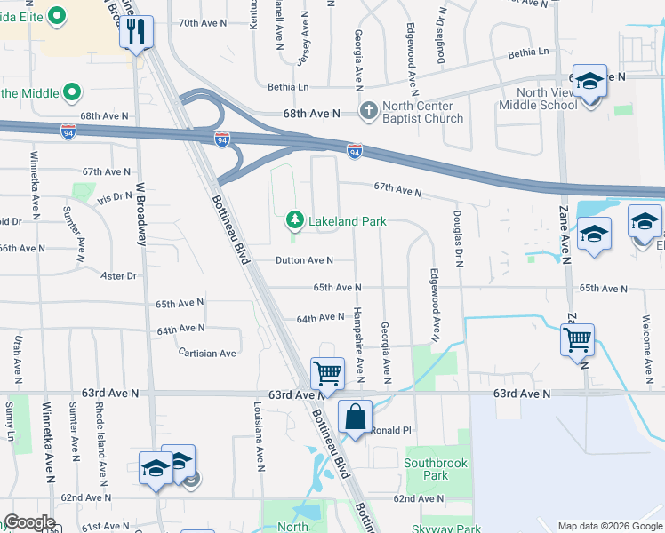 map of restaurants, bars, coffee shops, grocery stores, and more near 6809 Dutton Avenue North in Minneapolis