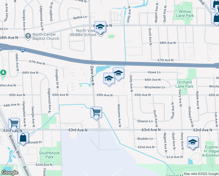 map of restaurants, bars, coffee shops, grocery stores, and more near 6510 Zane Avenue North in Minneapolis