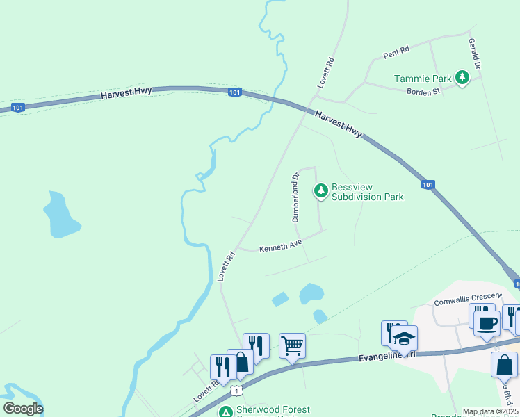 map of restaurants, bars, coffee shops, grocery stores, and more near Lovett Road in Coldbrook