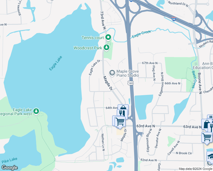 map of restaurants, bars, coffee shops, grocery stores, and more near 6521 Magda Drive in Maple Grove