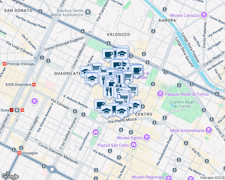 map of restaurants, bars, coffee shops, grocery stores, and more near 5/F Via Gian Francesco Bellezia in Torino