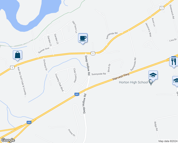 map of restaurants, bars, coffee shops, grocery stores, and more near Deep Hollow Road in New Minas