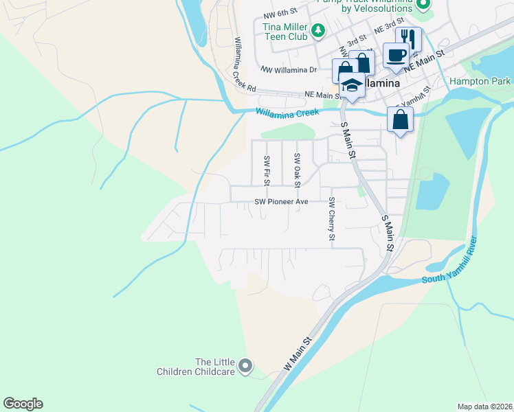 map of restaurants, bars, coffee shops, grocery stores, and more near 855 Southwest Pioneer Drive in Willamina
