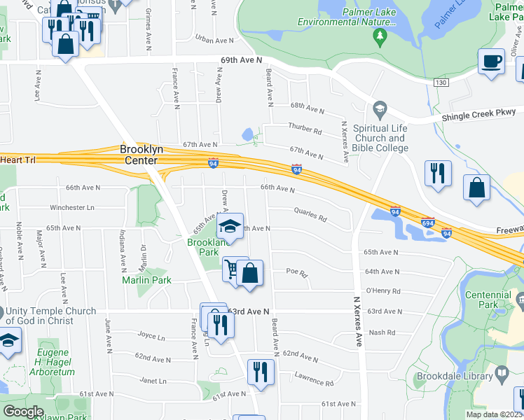 map of restaurants, bars, coffee shops, grocery stores, and more near 6519 Beard Avenue North in Minneapolis