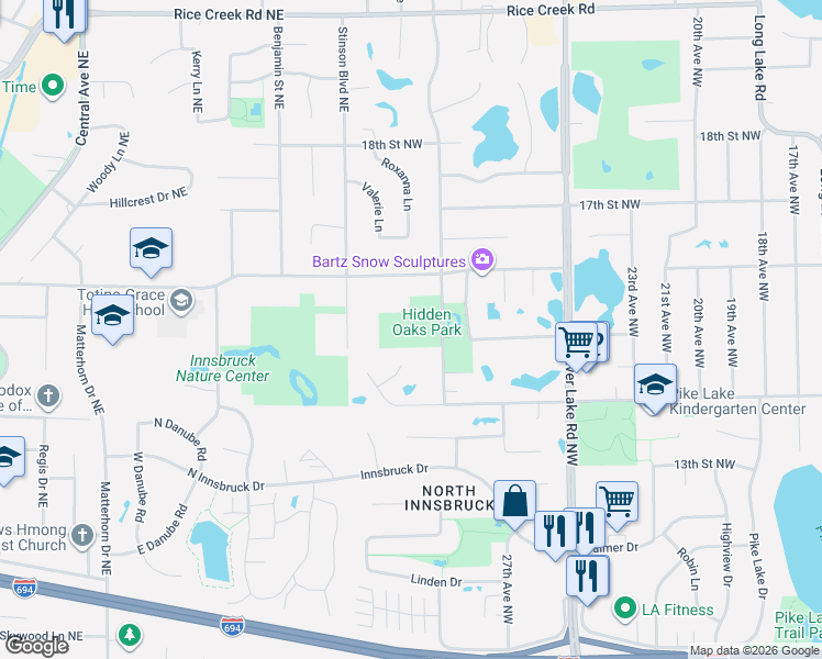 map of restaurants, bars, coffee shops, grocery stores, and more near 5850 15th Street Northwest in New Brighton