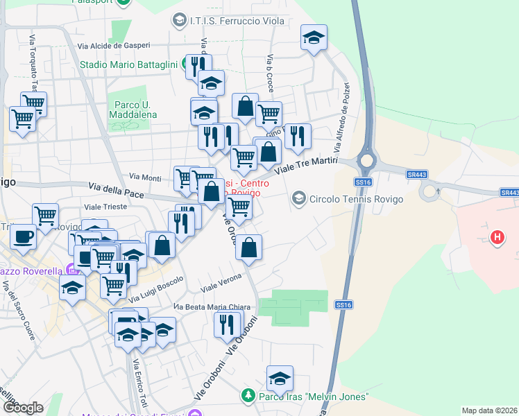map of restaurants, bars, coffee shops, grocery stores, and more near 23-27 Via Fratelli Cairoli in Rovigo