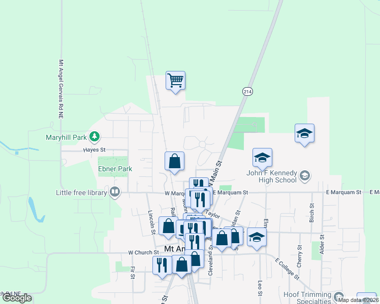 map of restaurants, bars, coffee shops, grocery stores, and more near 710 John Street in Mount Angel