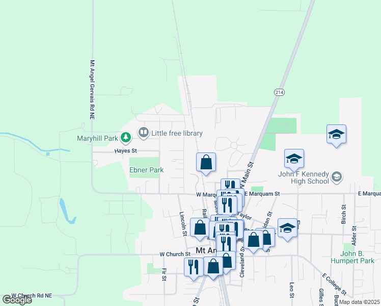 map of restaurants, bars, coffee shops, grocery stores, and more near 835 North Pershing Street in Mount Angel