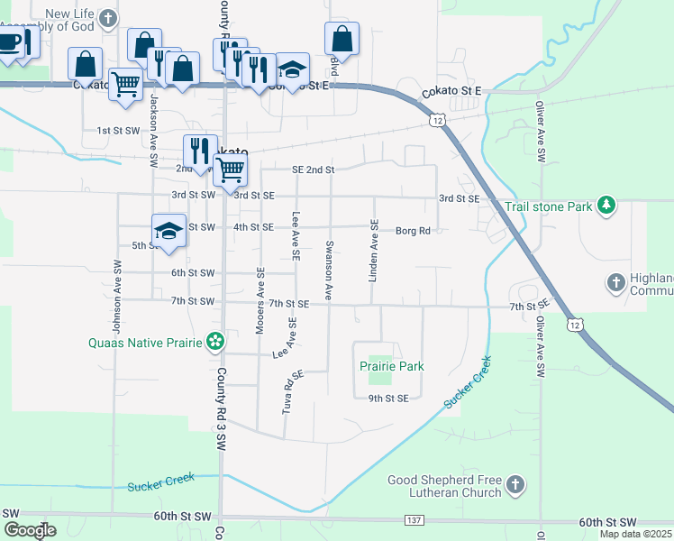 map of restaurants, bars, coffee shops, grocery stores, and more near 555 Swanson Avenue in Cokato