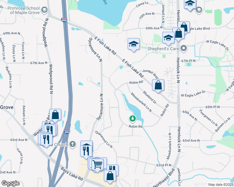 map of restaurants, bars, coffee shops, grocery stores, and more near 12150 Robin Road in Maple Grove