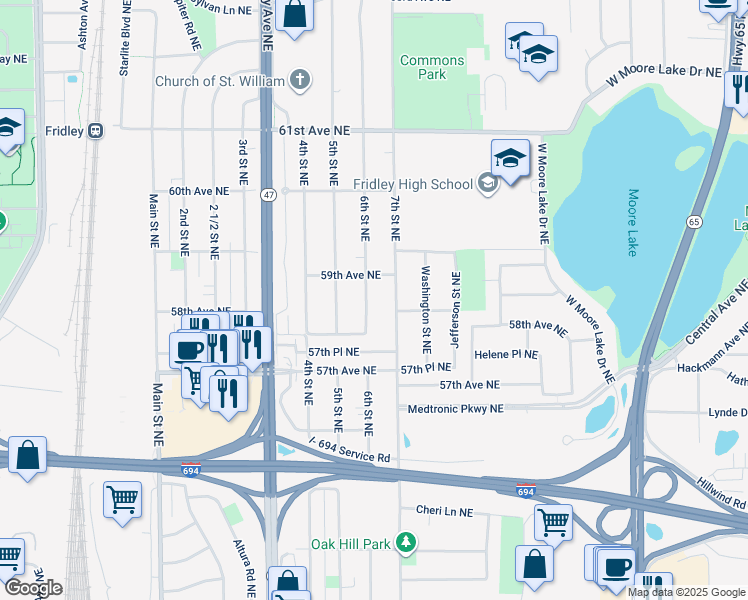 map of restaurants, bars, coffee shops, grocery stores, and more near 5841 6th Street Northeast in Fridley