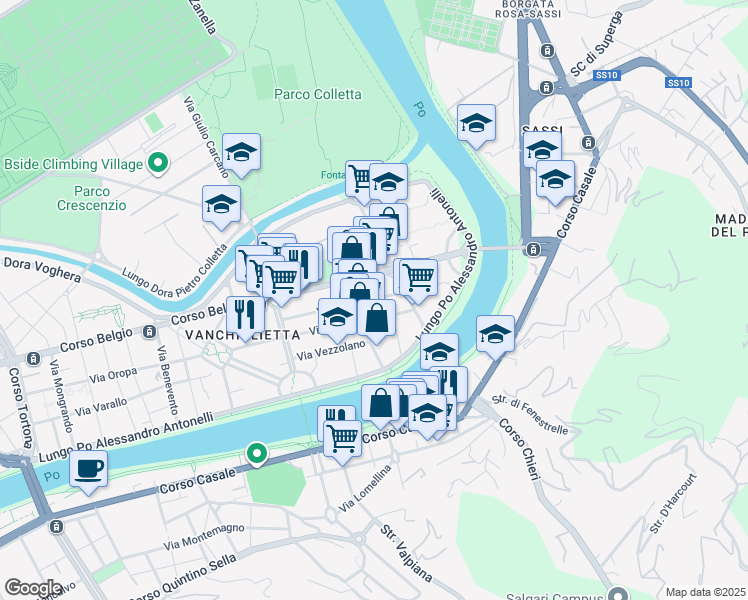 map of restaurants, bars, coffee shops, grocery stores, and more near 40 Via Oslavia in Torino