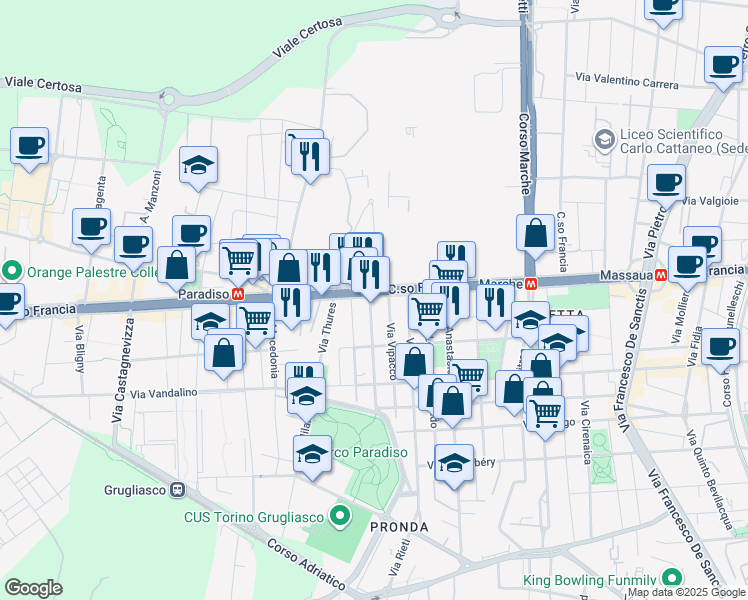 map of restaurants, bars, coffee shops, grocery stores, and more near 3 Via San Giorgio Canavese in Torino