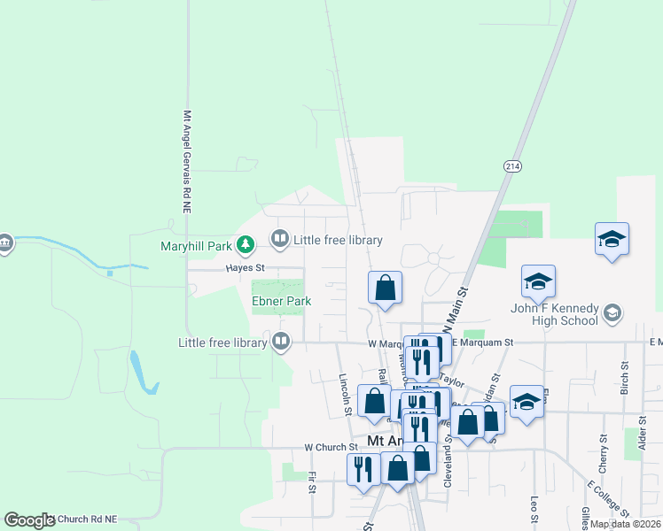 map of restaurants, bars, coffee shops, grocery stores, and more near 840-864 North Pershing Street in Mount Angel