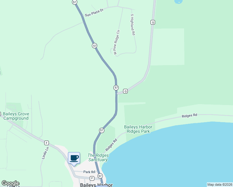 map of restaurants, bars, coffee shops, grocery stores, and more near 8241 Wisconsin 57 in Baileys Harbor