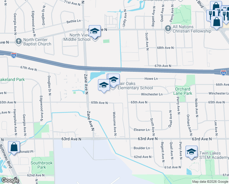 map of restaurants, bars, coffee shops, grocery stores, and more near 5600 65th Avenue North in Brooklyn Park