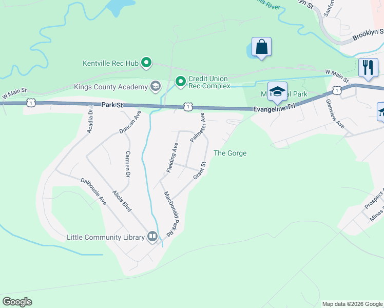 map of restaurants, bars, coffee shops, grocery stores, and more near 70 Palmeter Avenue in Kentville
