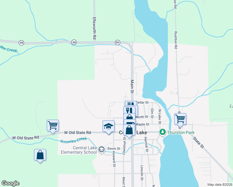map of restaurants, bars, coffee shops, grocery stores, and more near 8062 West Cedar Street in Central Lake