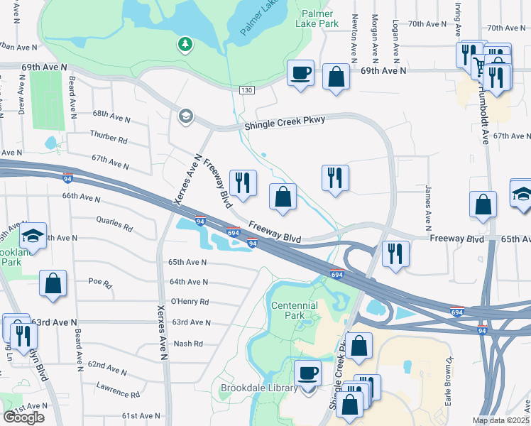 map of restaurants, bars, coffee shops, grocery stores, and more near 2502 Freeway Boulevard in Brooklyn Center