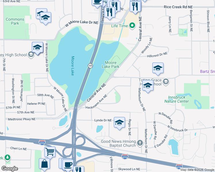 map of restaurants, bars, coffee shops, grocery stores, and more near 5843 Central Avenue Northeast in Fridley
