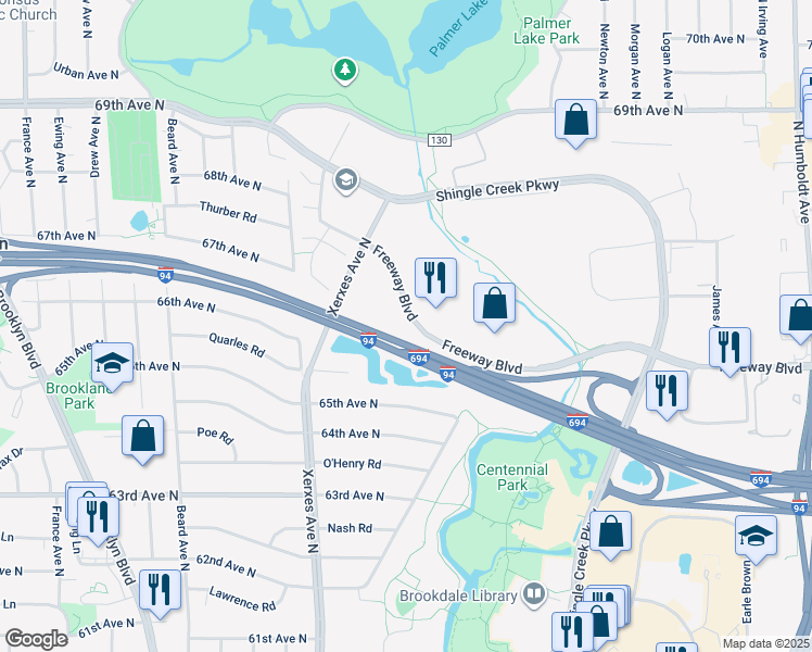 map of restaurants, bars, coffee shops, grocery stores, and more near 2590 Freeway Boulevard in Minneapolis
