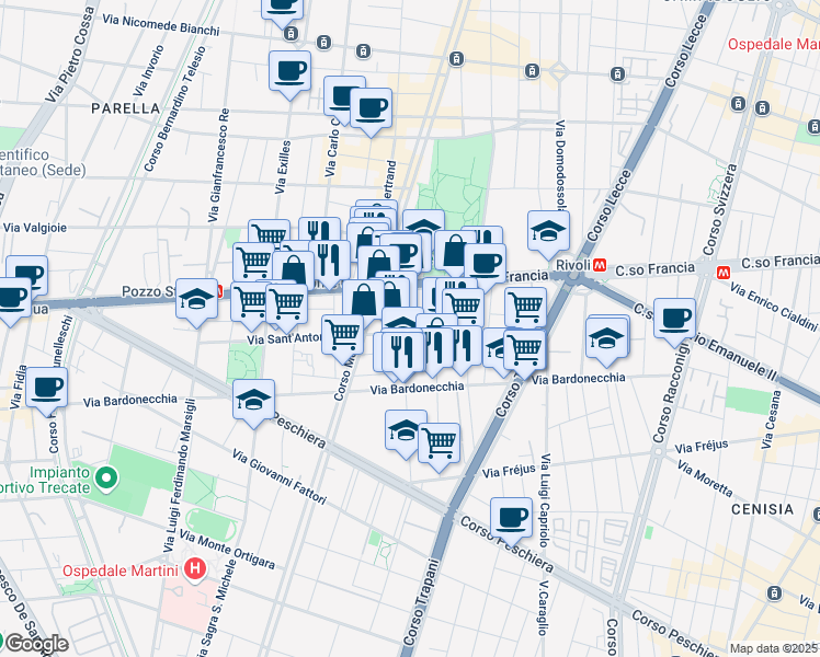 map of restaurants, bars, coffee shops, grocery stores, and more near 16 Via Borgone in Torino