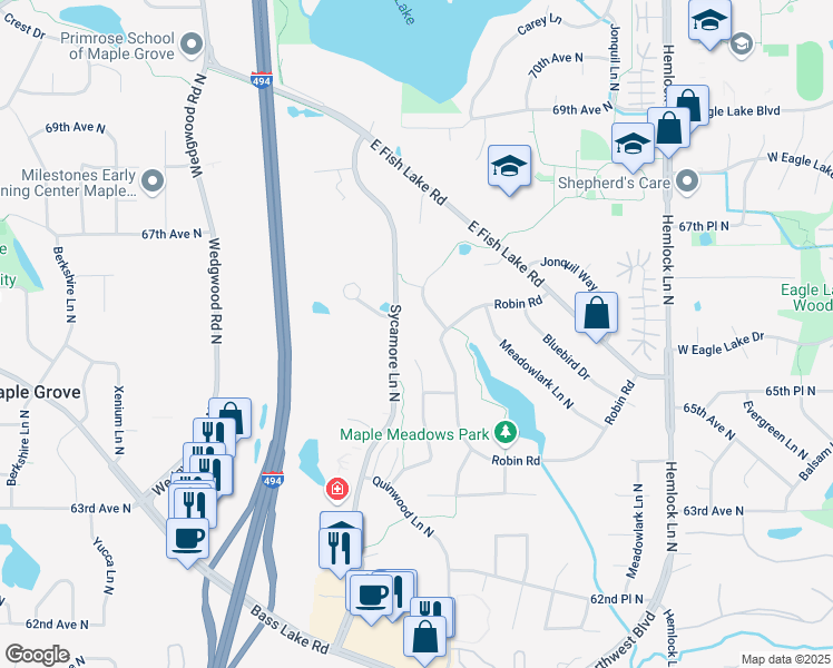 map of restaurants, bars, coffee shops, grocery stores, and more near 6540 Pineview Lane North in Maple Grove
