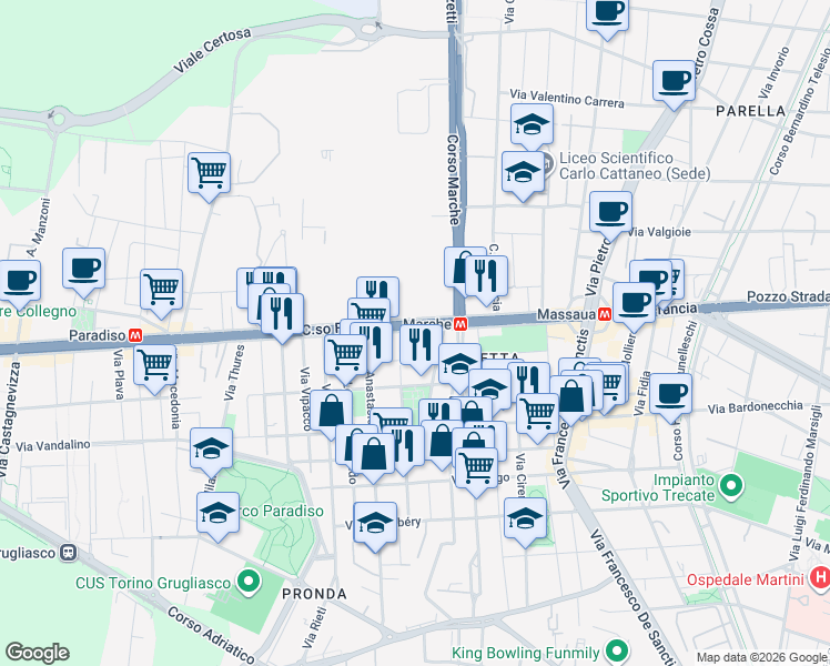 map of restaurants, bars, coffee shops, grocery stores, and more near 16 Via Abate Pietro Chanoux 12 in Torino