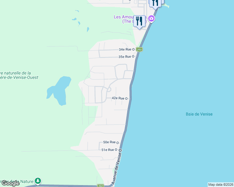 map of restaurants, bars, coffee shops, grocery stores, and more near 410 21e Avenue Ouest in Venise-en-Québec