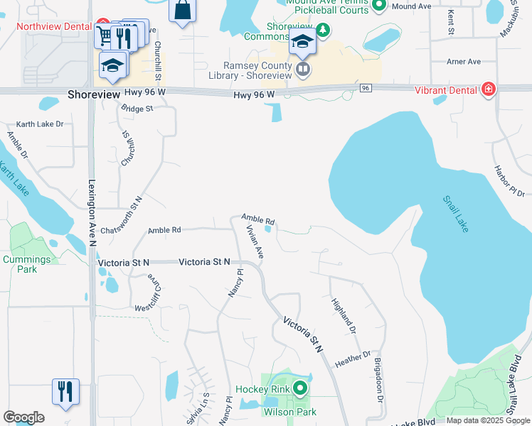map of restaurants, bars, coffee shops, grocery stores, and more near 852 Amble Road in Shoreview