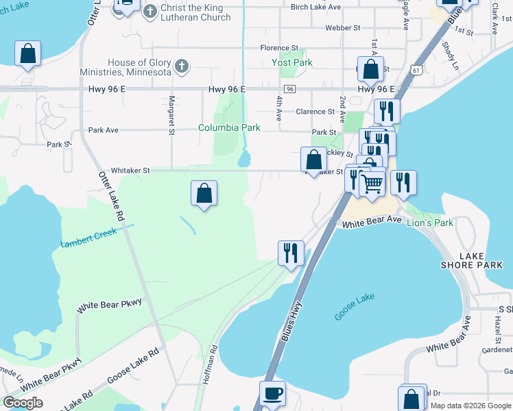 map of restaurants, bars, coffee shops, grocery stores, and more near 4330 Whitaker Court in White Bear Lake