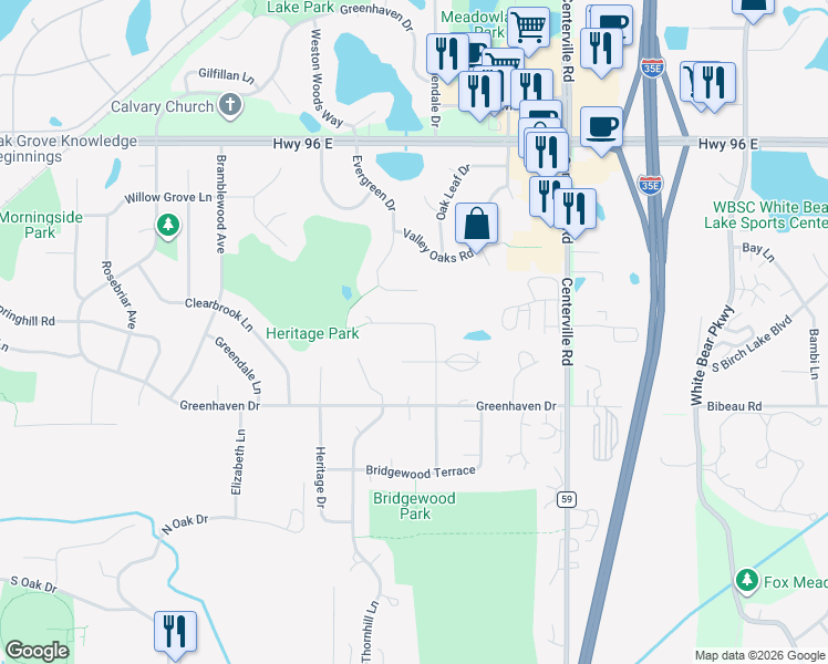 map of restaurants, bars, coffee shops, grocery stores, and more near 931 Heritage Court West in Vadnais Heights