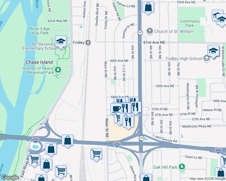 map of restaurants, bars, coffee shops, grocery stores, and more near 5801 2nd Street Northeast in Minneapolis