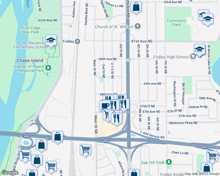 map of restaurants, bars, coffee shops, grocery stores, and more near 5801 2 1/2 Street Northeast in Fridley