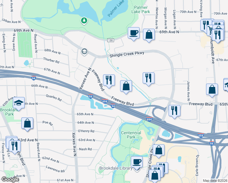 map of restaurants, bars, coffee shops, grocery stores, and more near 2502-2600 Freeway Boulevard in Brooklyn Center