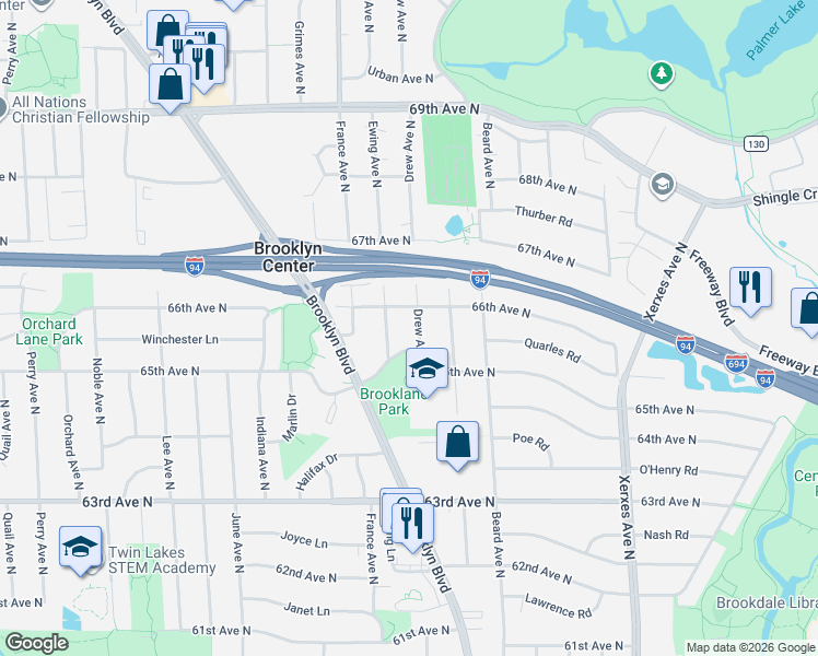 map of restaurants, bars, coffee shops, grocery stores, and more near 6520 Ewing Avenue North in Minneapolis