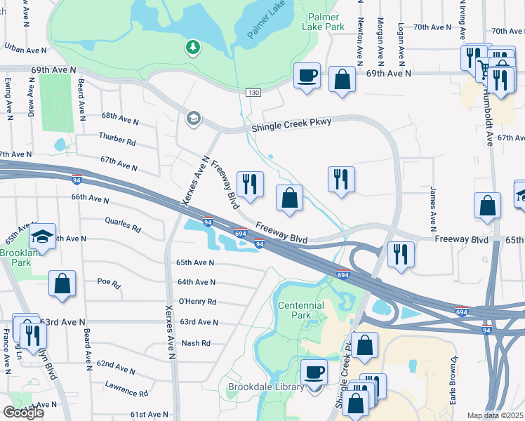 map of restaurants, bars, coffee shops, grocery stores, and more near 2550 Freeway Boulevard in Brooklyn Center