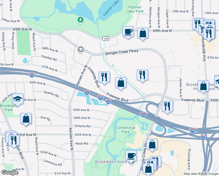 map of restaurants, bars, coffee shops, grocery stores, and more near 2550 Freeway Boulevard in Brooklyn Center