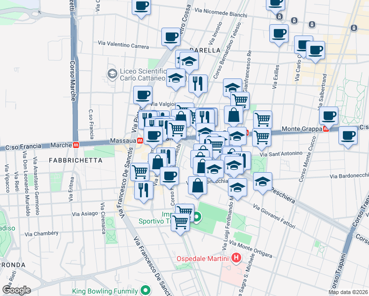 map of restaurants, bars, coffee shops, grocery stores, and more near 1b Corso Filippo Brunelleschi in Torino