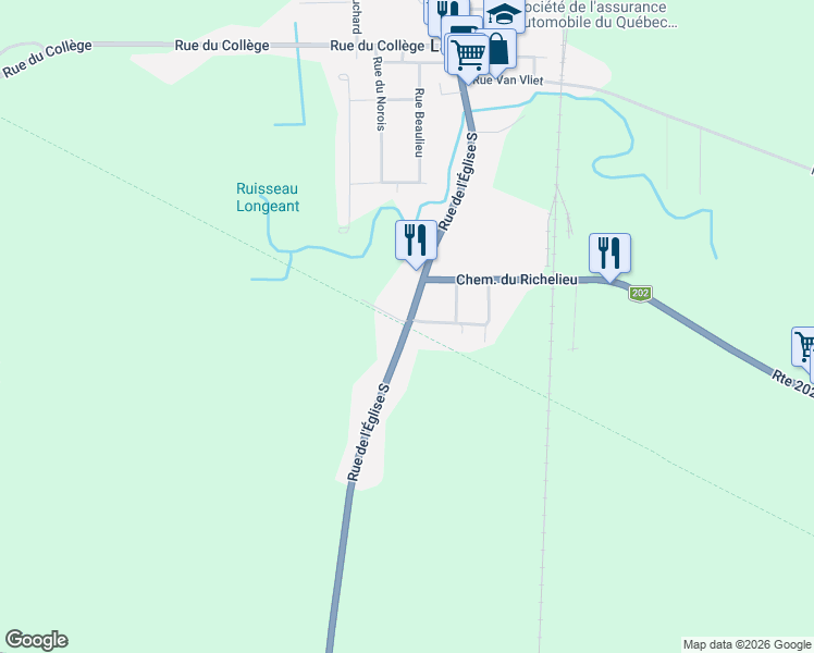 map of restaurants, bars, coffee shops, grocery stores, and more near Rue de l'Église Sud in Montérégie