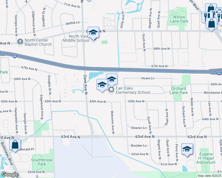 map of restaurants, bars, coffee shops, grocery stores, and more near 5600 65th Avenue North in Minneapolis