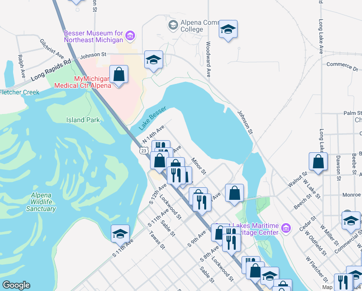 map of restaurants, bars, coffee shops, grocery stores, and more near 498 Minor St in Alpena