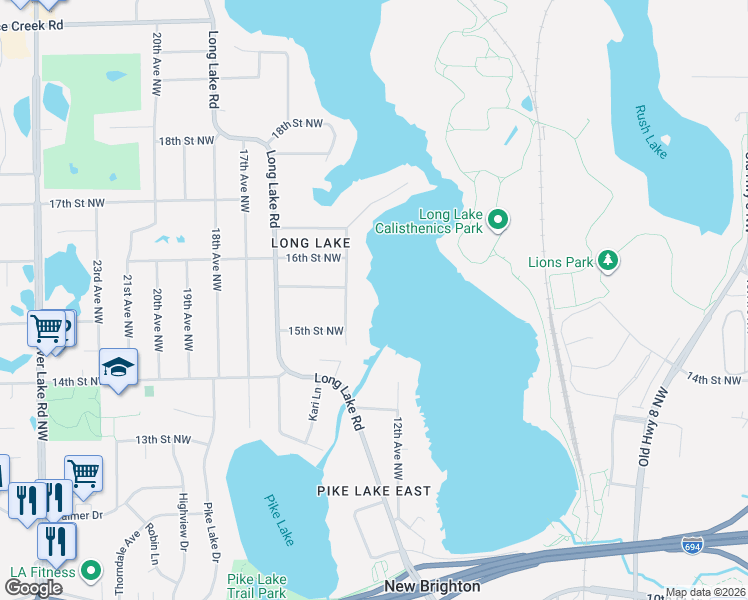 map of restaurants, bars, coffee shops, grocery stores, and more near 1457 14th Avenue Northwest in New Brighton