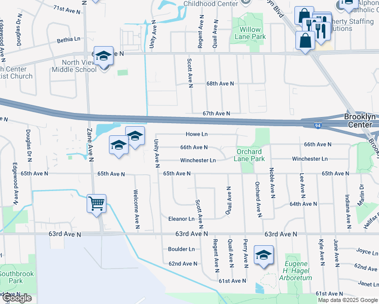 map of restaurants, bars, coffee shops, grocery stores, and more near 5125 Winchester Lane in Brooklyn Center